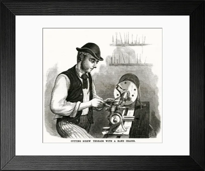 Framed Print : Cutting screw threads with hand chaser 1875 Framed Print : Cutting screw threads with hand chaser 1875
