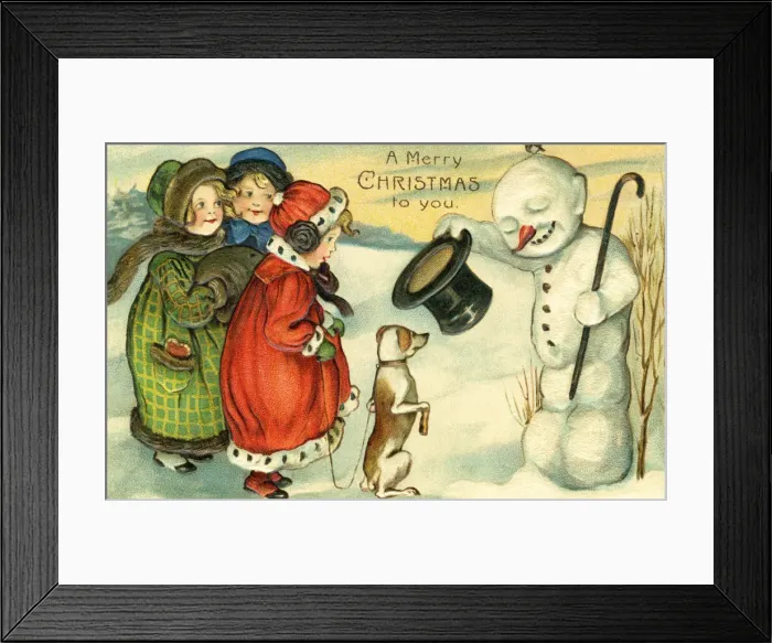 Framed Print : Young girls & a snowman Framed Print : Young girls & a snowman