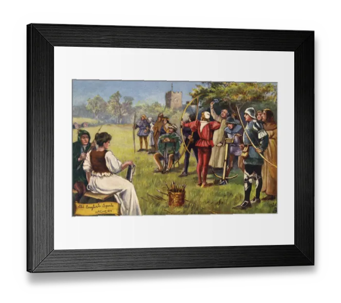 Framed Print : Archery. Old English Sports - Archery taking place in a medaeval setting. Date: 1908 Framed Print : Archery. Old English Sports - Archery taking place in a medaeval setting. Date: 1908