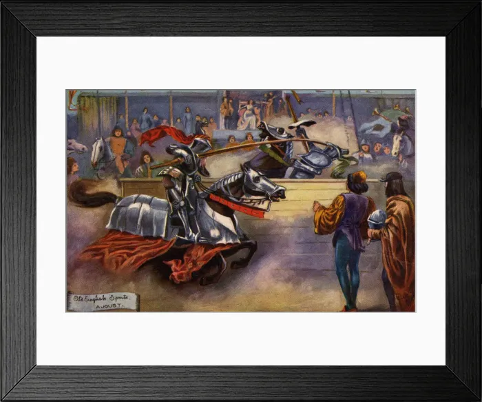 Framed Print : Jousting. Old English Sports - Jousting taking place in a medaeval setting. Date: 1908 Framed Print : Jousting. Old English Sports - Jousting taking place in a medaeval setting. Date: 1908