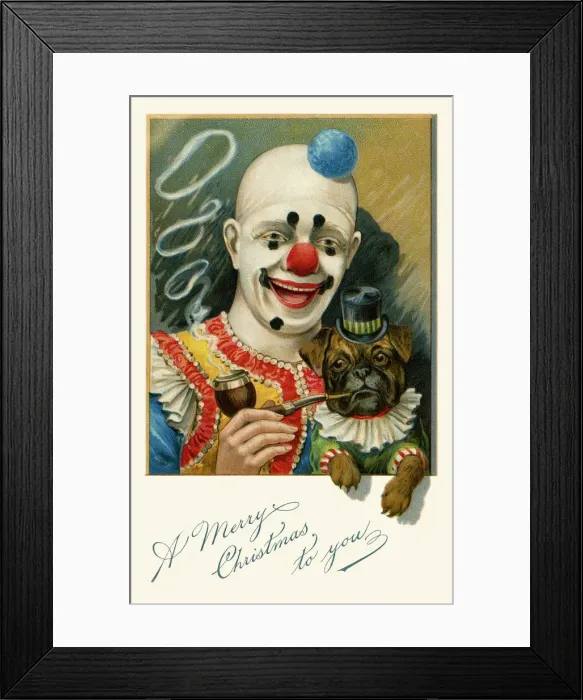 Framed Print : Clown with a pug dog smoking a pipe. Date: 1903 Framed Print : Clown with a pug dog smoking a pipe. Date: 1903