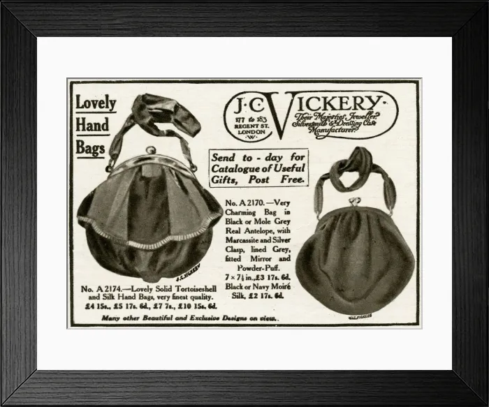 Framed Print : Advert for J. C Vickery clasp bags 1918 Framed Print : Advert for J. C Vickery clasp bags 1918