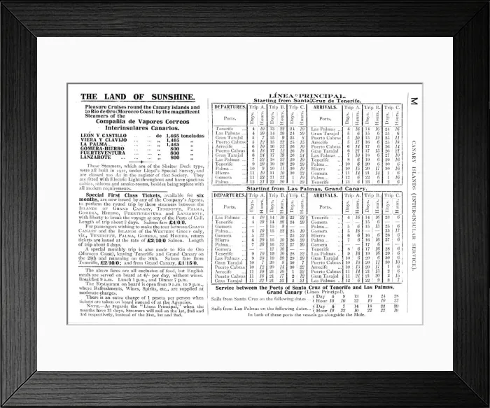 Framed Print : Timetable, inter-island service, Canary Islands Framed Print : Timetable, inter-island service, Canary Islands