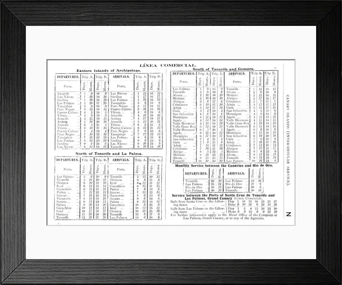 Framed Print : Timetable, inter-island service, Canary Islands Framed Print : Timetable, inter-island service, Canary Islands
