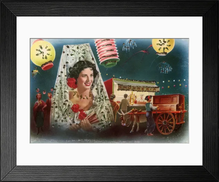 Framed Print : Spanish scene with lady, lanterns, cafe and street musician Framed Print : Spanish scene with lady, lanterns, cafe and street musician
