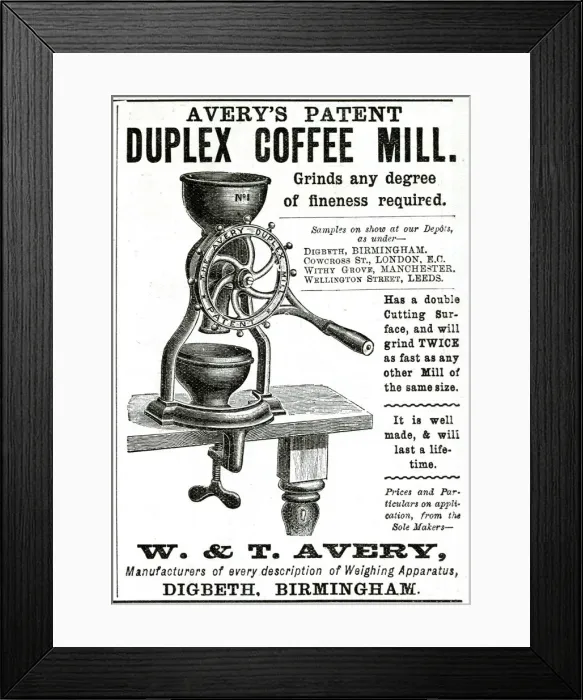 Framed Print : Advert for W. & T Avery, Duplex Coffee Mill. 1888 Framed Print : Advert for W. & T Avery, Duplex Coffee Mill. 1888