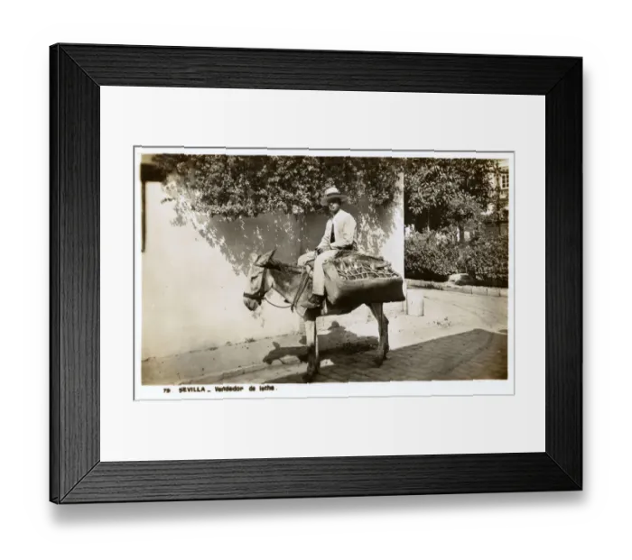 Framed Print : Milk vendor on a donkey, Seville, Spain Framed Print : Milk vendor on a donkey, Seville, Spain