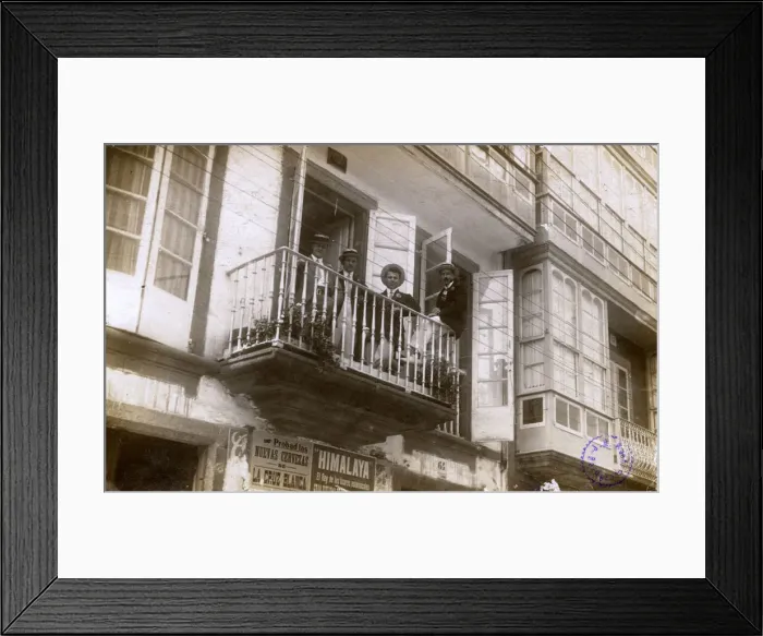 Framed Print : Four men on a balcony in Ferrol, Galicia, Spain Framed Print : Four men on a balcony in Ferrol, Galicia, Spain