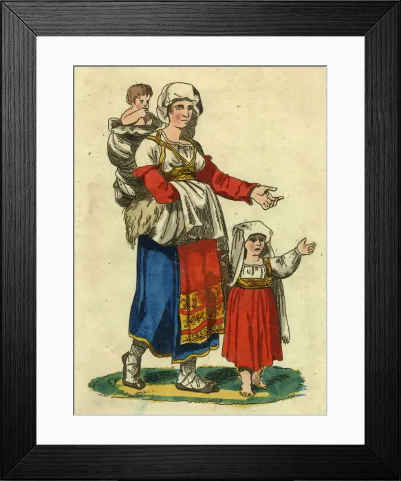 Framed Print : Italian woman in traditional costume with two children Framed Print : Italian woman in traditional costume with two children