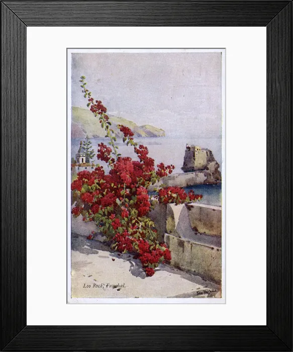 Framed Print : Loo Rock, Funchal, Madeira, with red flowers Framed Print : Loo Rock, Funchal, Madeira, with red flowers