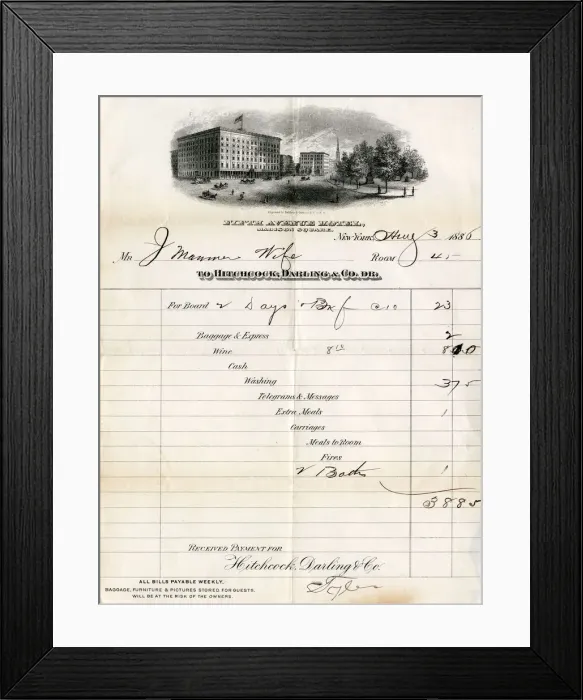 Framed Print : Hotel bill, Fifth Avenue Hotel, New York, USA Framed Print : Hotel bill, Fifth Avenue Hotel, New York, USA