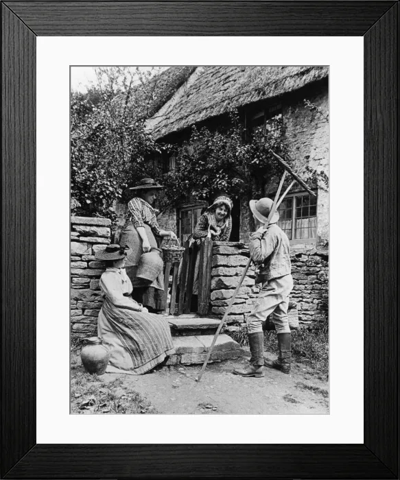 Framed Print : Countrywomen and man flirting, 1890s Framed Print : Countrywomen and man flirting, 1890s