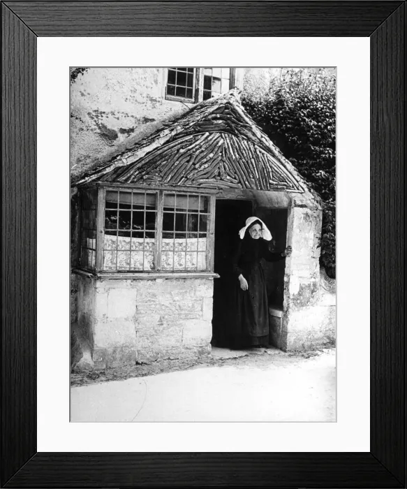Framed Print : Old woman at cottage porch, 1890s Framed Print : Old woman at cottage porch, 1890s