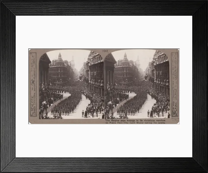 Framed Print : Postwar celebration with marching troops, City of London Framed Print : Postwar celebration with marching troops, City of London