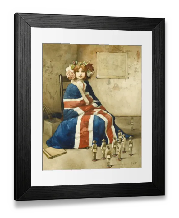 Framed Print : Girl wrapped in British flag with toy soldiers on floor, WW1 Framed Print : Girl wrapped in British flag with toy soldiers on floor, WW1