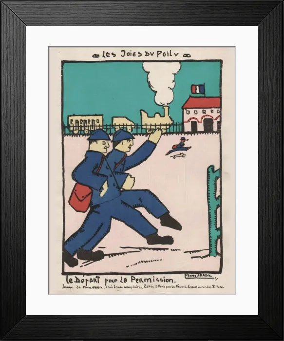 Framed Print : Cartoon, French soldiers departing on leave, WW1 Framed Print : Cartoon, French soldiers departing on leave, WW1