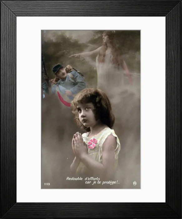 Framed Print : French postcard, girl praying for soldier father, WW1 Framed Print : French postcard, girl praying for soldier father, WW1