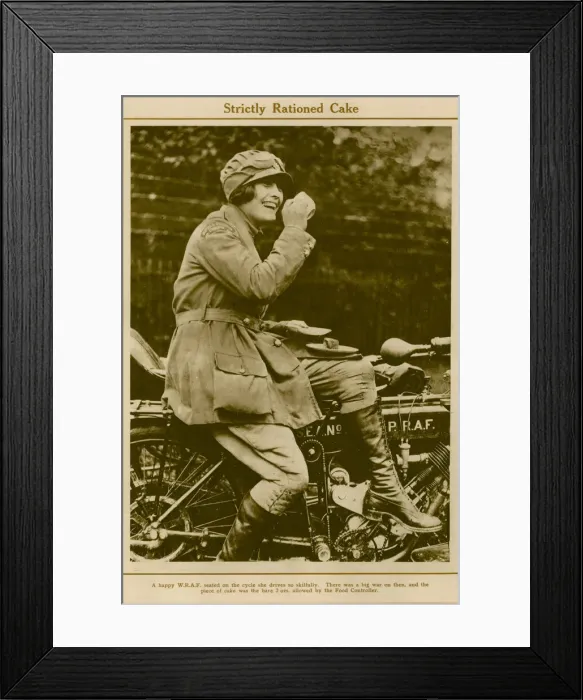 Framed Print : WRAF on a motorcycle, having a tea break, WW1 Framed Print : WRAF on a motorcycle, having a tea break, WW1