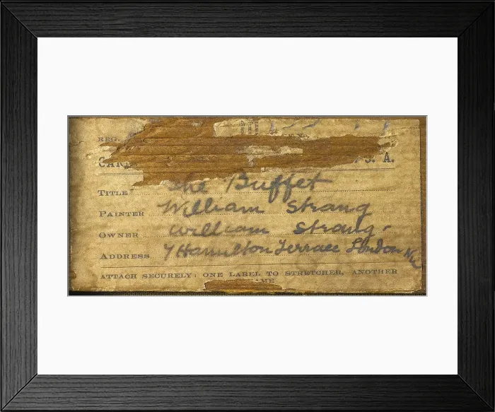 Framed Print : Label for painting, The Buffet, by William Strang, WW1 Framed Print : Label for painting, The Buffet, by William Strang, WW1