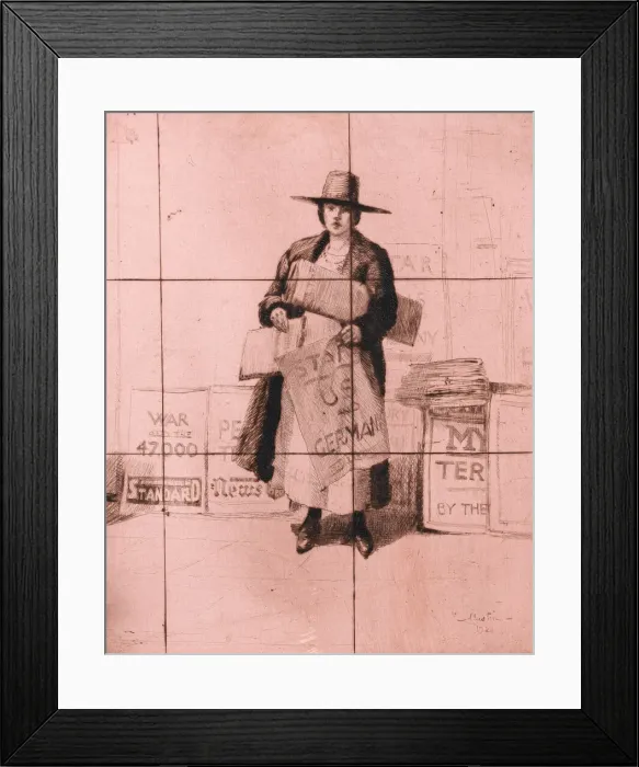 Framed Print : Woman selling newspapers announcing Peace Terms, WW1 Framed Print : Woman selling newspapers announcing Peace Terms, WW1