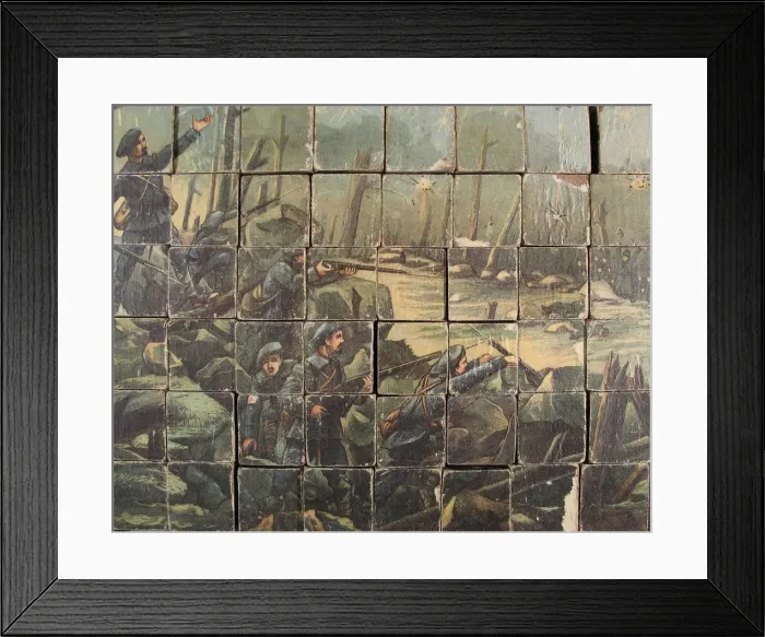 Framed Print : Block puzzle with French battle scene, WW1 Framed Print : Block puzzle with French battle scene, WW1