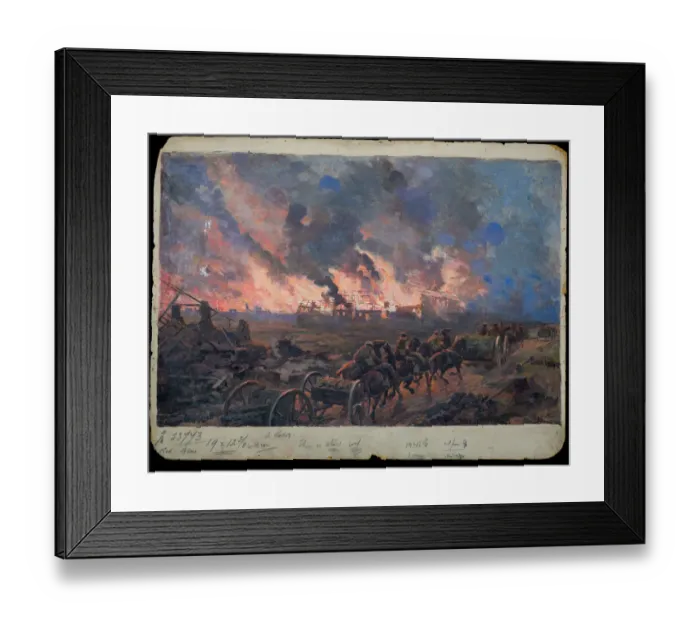 Framed Print : Gunners passing burning buildings, by Ugo Matania, WW1 Framed Print : Gunners passing burning buildings, by Ugo Matania, WW1