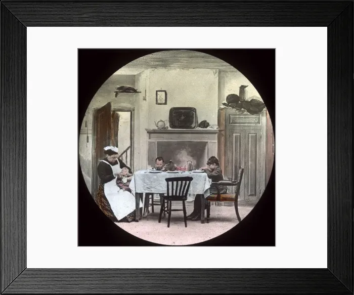 Framed Print : Domestic scene with woman, baby and two boys at a table Framed Print : Domestic scene with woman, baby and two boys at a table
