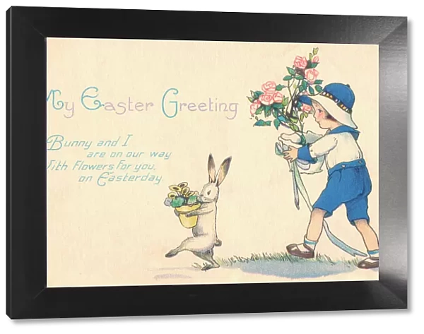 Easter bunny and child carrying flowers