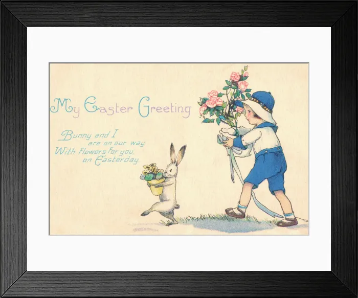 Framed Print : Easter bunny and child carrying flowers Framed Print : Easter bunny and child carrying flowers