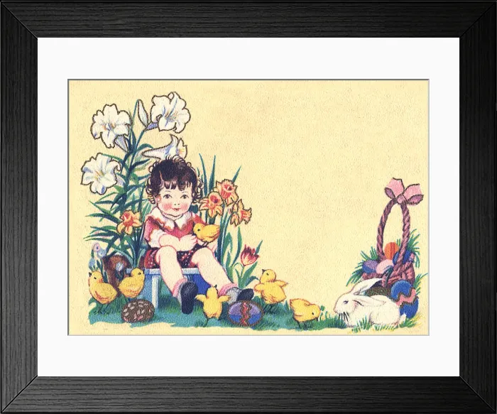 Framed Print : Child surrounded by flowers, chicks and Easter eggs Framed Print : Child surrounded by flowers, chicks and Easter eggs