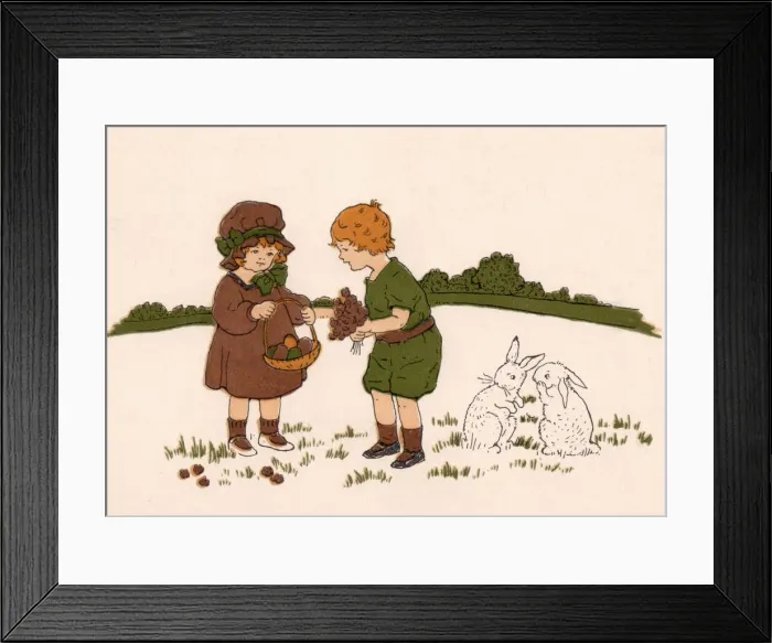 Framed Print : Easter scene with children and bunny rabbits Framed Print : Easter scene with children and bunny rabbits