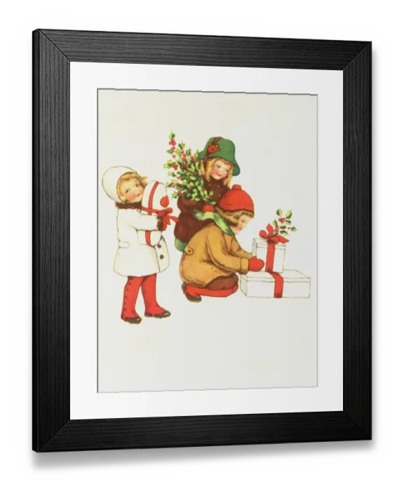 Framed Print : Children with Christmas presents and sprigs of holly Framed Print : Children with Christmas presents and sprigs of holly