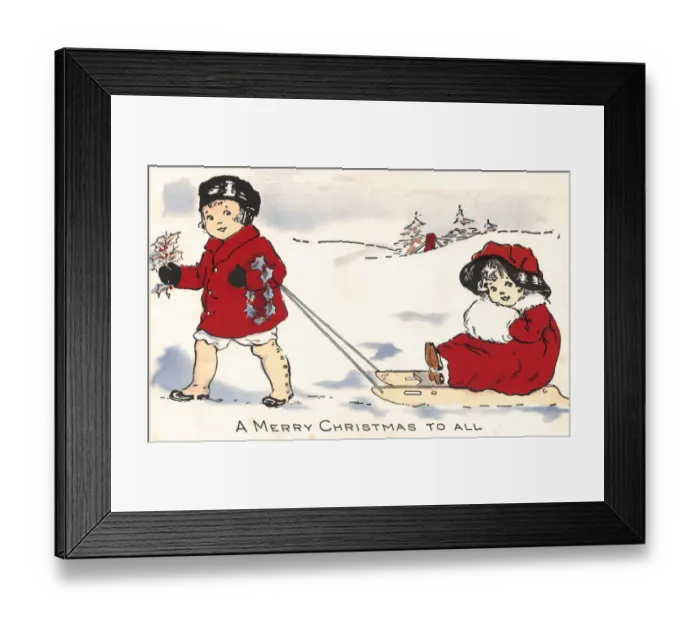 Framed Print : Little girl being pulled along in a sledge by her friend Framed Print : Little girl being pulled along in a sledge by her friend