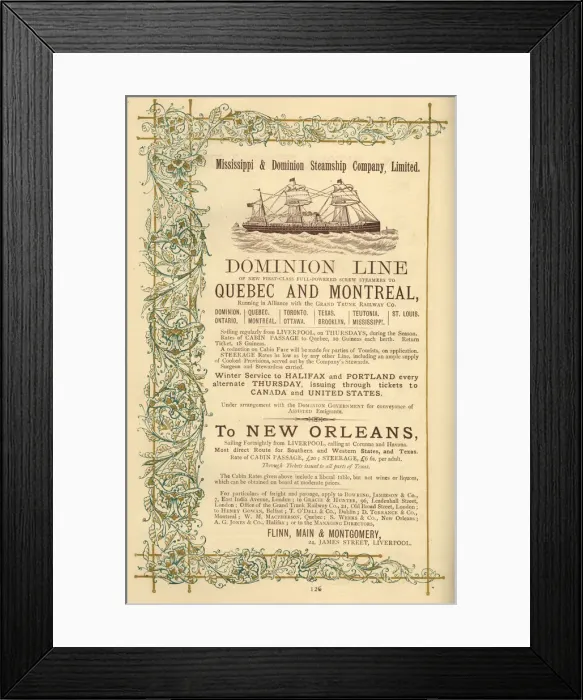 Framed Print : Advert, Dominion Line Steamers, Quebec and Montreal Framed Print : Advert, Dominion Line Steamers, Quebec and Montreal
