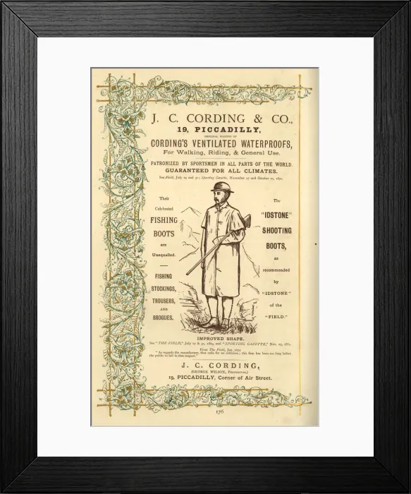 Framed Print : Advert, J C Cording, waterproof clothing and footwear Framed Print : Advert, J C Cording, waterproof clothing and footwear