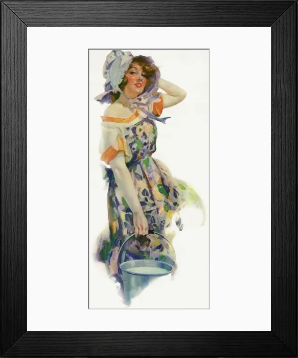 Framed Print : Milkmaid. Pretty young lady in floral apron and bonnet carrying pail of milk Framed Print : Milkmaid. Pretty young lady in floral apron and bonnet carrying pail of milk