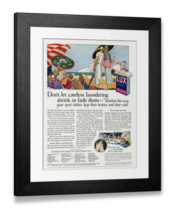 Framed Print : Lux advertisement.Women wearing 1920s stylish sports wear with instructions for washing Framed Print : Lux advertisement.Women wearing 1920s stylish sports wear with instructions for washing