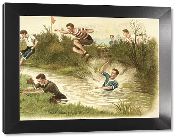 Sports. Cross country. A brook. Men in 1930s sportswear jumping a wide brook