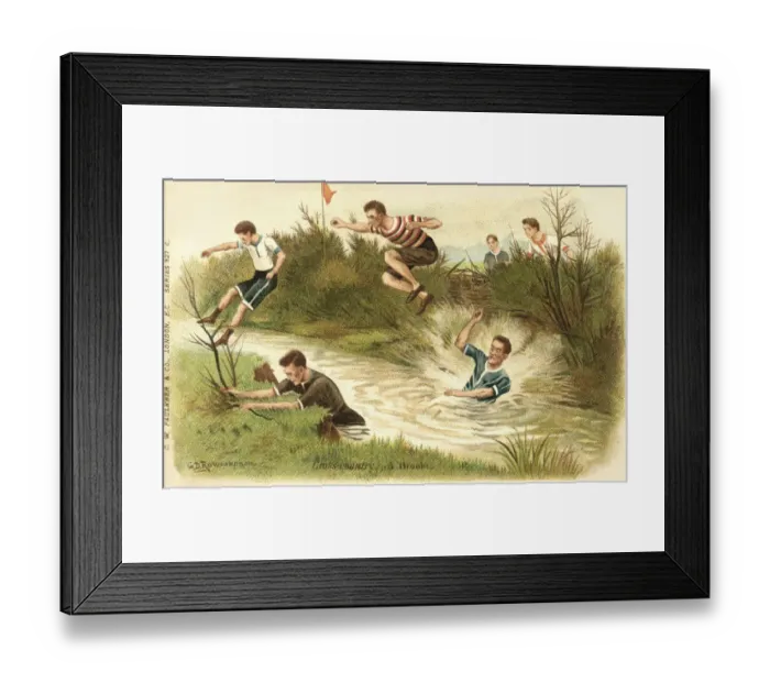 Framed Print : Sports. Cross country. A brook. Men in 1930s sportswear jumping a wide brook Framed Print : Sports. Cross country. A brook. Men in 1930s sportswear jumping a wide brook