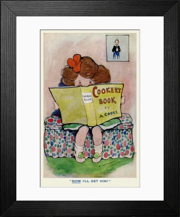 Framed Print : Cookery. Small girl reading a cookery book. Artist Hilda Cowham. Date: 1915 Framed Print : Cookery. Small girl reading a cookery book. Artist Hilda Cowham. Date: 1915