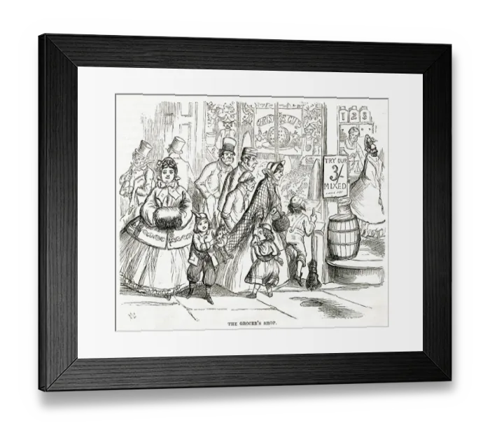 Framed Print : Grocers shop over Christmas period 1868 Framed Print : Grocers shop over Christmas period 1868
