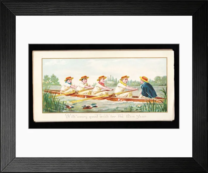 Framed Print : Rowers and cox in a rowing boat on a New Year card Framed Print : Rowers and cox in a rowing boat on a New Year card