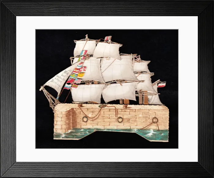 Framed Print : Sailing ship at the quayside on a birthday card Framed Print : Sailing ship at the quayside on a birthday card