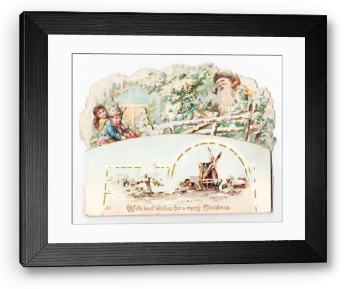 Framed Print : Santa Claus with children and windmill on a Christmas card Framed Print : Santa Claus with children and windmill on a Christmas card