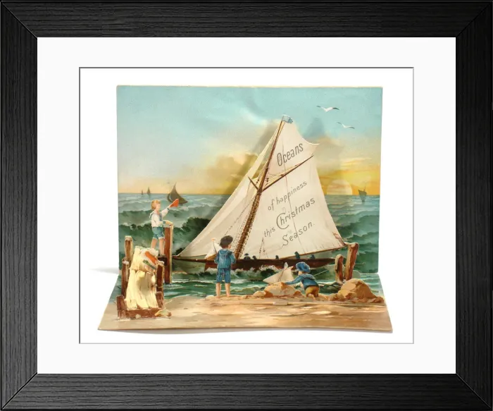Framed Print : Children with a sailing boat on a Christmas card Framed Print : Children with a sailing boat on a Christmas card