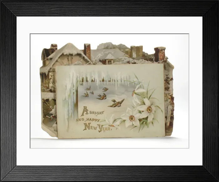 Framed Print : Birds, icicles and flowers on a New Year card Framed Print : Birds, icicles and flowers on a New Year card