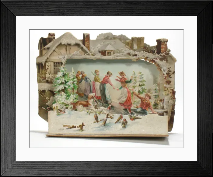 Framed Print : Children and birds in the snow on a New Year card Framed Print : Children and birds in the snow on a New Year card