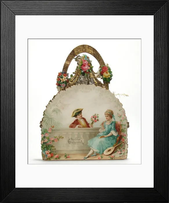 Framed Print : Couple with flowers on a German greetings card Framed Print : Couple with flowers on a German greetings card