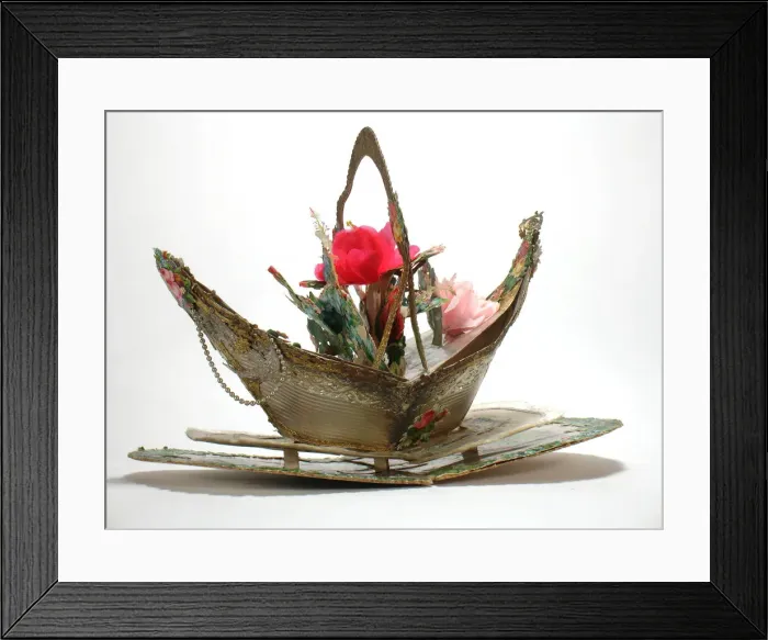 Framed Print : Boat with flowers on a German greetings card Framed Print : Boat with flowers on a German greetings card