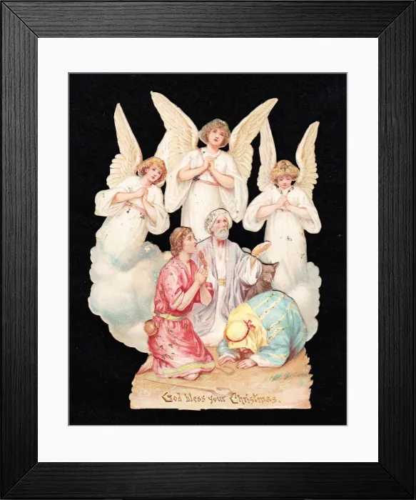 Framed Print : Angels and nativity scene on a cutout Christmas card Framed Print : Angels and nativity scene on a cutout Christmas card